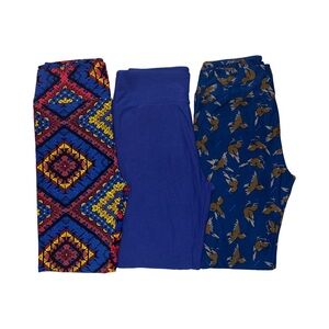 Lot 3 LuLaRoe OS Leggings Solid Blue Birds Yellow Red Gold Geometric Patterns
